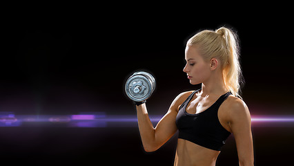 Image showing young sporty woman with heavy steel dumbbell