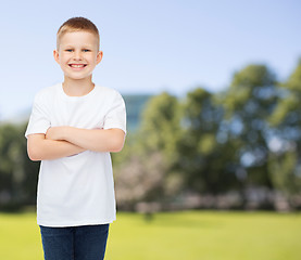 Image showing smiling little boy in white blank t-shirt