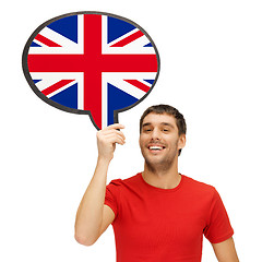 Image showing smiling man with text bubble of british flag