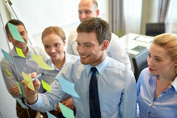 Image showing smiling business people with marker and stickers