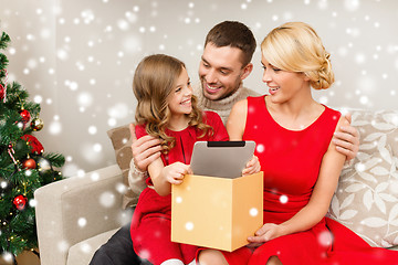 Image showing smiling family taking tablet pc out from gift box