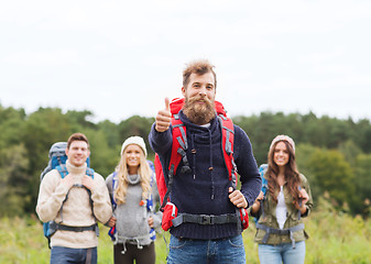 Image showing group of smiling friends with backpacks hiking