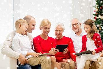 Image showing smiling family with tablet pc computers at home