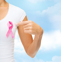 Image showing close up of woman with cancer awareness ribbon