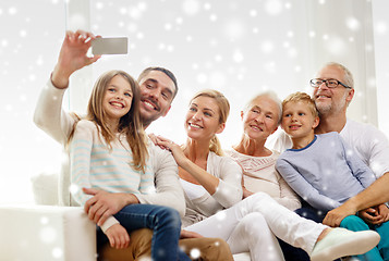 Image showing happy family taking selfie with smartphone at home