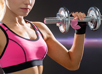 Image showing close up of sporty woman with heavy steel dumbbell