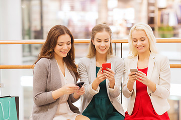 Image showing happy women with smartphones and shopping bags