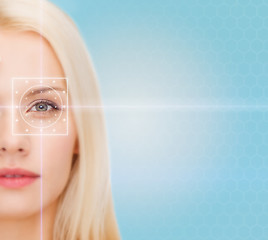 Image showing beautiful young woman with laser light lines