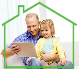 Image showing happy father and daughter with tablet pc computer