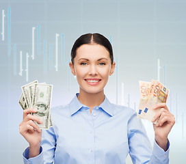 Image showing businesswoman with dollar and euro cash money