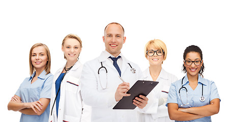 Image showing group of smiling doctors with clipboard