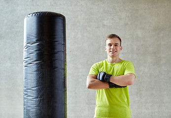 Image showing man with boxing gloves and punching bag in gym