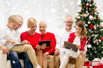 Image showing smiling family with tablet pc computers at home