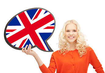 Image showing smiling woman with text bubble of british flag