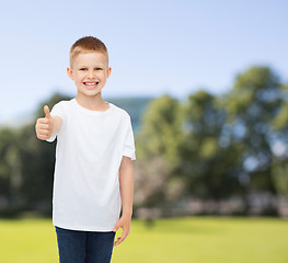 Image showing smiling little boy in white blank t-shirt