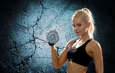 Image showing young sporty woman with heavy steel dumbbell