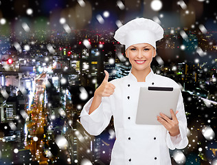 Image showing smiling chef with tablet pc showing thumbs up