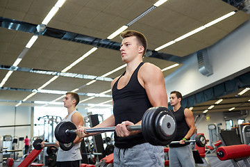 Image showing group of men flexing muscles with barbell in gym