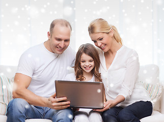 Image showing smiling family with laptop at home