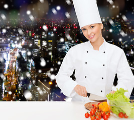 Image showing smiling female chef chopping vegetables