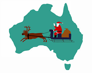 Image showing Santa Claus riding on his reindeer sleigh high above the australian continent