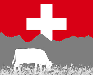 Image showing Cow alp and swiss flag