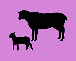 Image showing The black silhouettes of a sheep and a lamb on lilac