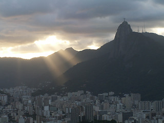 Image showing Christ Redeemer And Rio Sunset With Helicopter