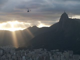 Image showing Christ Redeemer And Rio Sunset With Helicopter