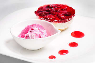 Image showing Raspberry cheese cake and ice cream ball
