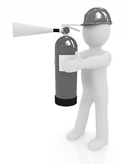 Image showing 3d man in hardhat with red fire extinguisher 