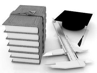 Image showing Vernier caliper, books and graduation hat. The best professional