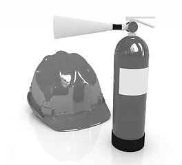 Image showing Red fire extinguisher and hardhat 