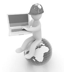 Image showing 3d man in a hard hat sitting on earth and working at his laptop