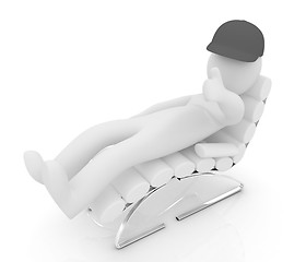 Image showing 3d white man lying chair with thumb up