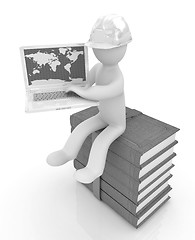 Image showing 3d man in hard hat sitting on books and working at his laptop 