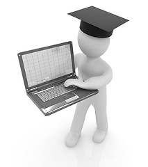 Image showing 3d man in graduation hat with laptop 