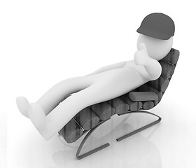 Image showing 3d white man lying wooden chair with thumb up