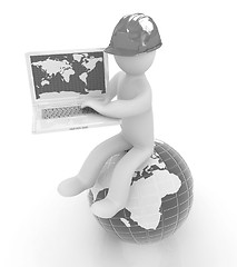 Image showing 3d man in a hard hat sitting on earth and working at his laptop 