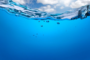 Image showing Splash of blue water with bubbles and blue sky