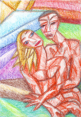 Image showing Couple cubism oil pastel painting