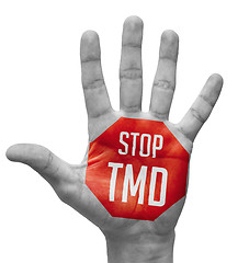 Image showing Stop TMD Sign Painted, Open Hand Raised.