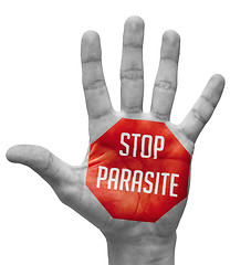 Image showing Stop Parasite Sign Painted, Open Hand Raised.