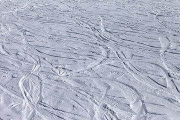 Image showing Ski slope with trace from ski and snowboards