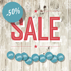 Image showing Sale retro poster. Template with wooden texture and different di