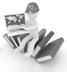 Image showing 3d man in hard hat sitting on books and working at his laptop 