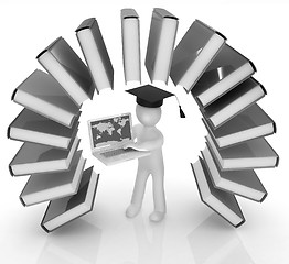 Image showing Colorful books like the rainbow and 3d man in a graduation hat w