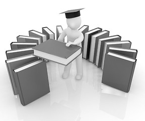 Image showing 3d white man in a graduation hat with useful books - best gift a