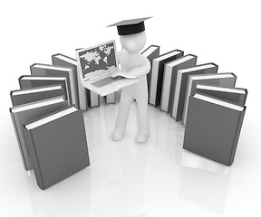 Image showing 3d man in graduation hat working at his laptop and books 
