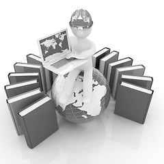 Image showing 3d man in hard hat sitting on earth and working at his laptop an